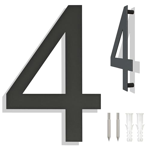 Ywonoby Hausnummer Edelstahl - RAL 7016 Anthrazitgrau - Moderner Schwebender Aussehen und Einfache Installation - Höhe 25.4 cm - Arial Ziffer 4 von Ywonoby