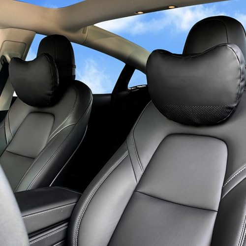Ywooon Kopfstützenkissen 2 Packungen für Tesla Model Y Model 3 Model X Model S Nackenstützkissen Echtes Nappaleder Schwarz für Tesla Model 3/Y/S/X Zubehör von Ywooon
