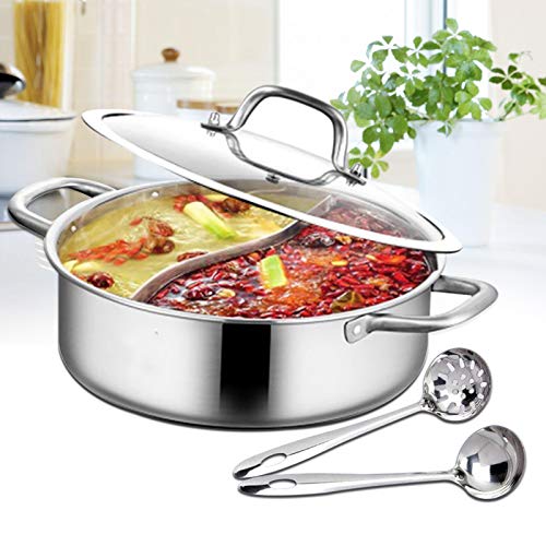 304 Edelstahl Dual Shabu Shabu, Hot Pot Induktion Suppentopf Glasdeckel, Elektrische Hot Pot Wokpfanne, Mit Suppenkelle + Sieb, für Zuhause, Party, Familientreffen (28cm) von YyanLAK