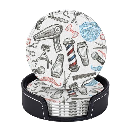 6 Stück Barber Shop Monochrom Stil Druck Leder Runde Untersetzer mit Halter für Café Bar Küche Tisch Dekor 6 Stück Barber Shop Monochrom Stil Druck Leder Runde Untersetzer mit Halter für Café Bar Küche Tisch Dekor von Yyoretp