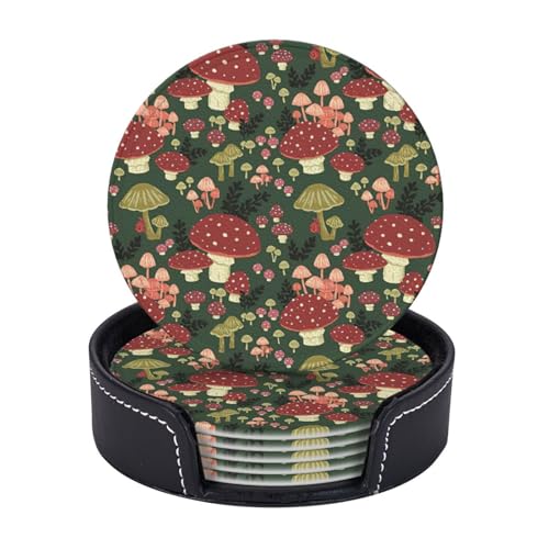 6 Stück helle Pilz-Kunstdruck-Untersetzer aus Leder mit Halter für Café, Bar, Küche, Tischdekoration 6 Stück helle Pilz-Kunstdruck-Untersetzer aus Leder mit Halter für Café, Bar, Küche, Tischdekoration von Yyoretp