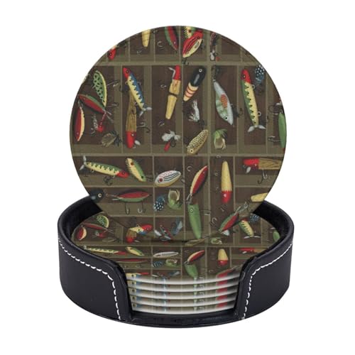 6 Stück runde Untersetzer aus Leder im Angelköder-Stil mit Halter für Café, Bar, Küche, Tischdekoration 6 Stück runde Untersetzer aus Leder im Angelköder-Stil mit Halter für Café, Bar, Küche, Tischdekoration von Yyoretp