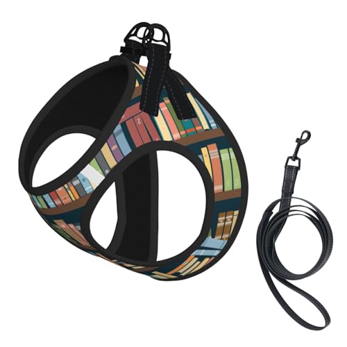 Hundegeschirr und Leine, Cartoon-Bücherregal, Bücherwurm-Druck, atmungsaktiv, verstellbar, ausbruchsicher, Weste für Katzen und Hunde von Yyoretp