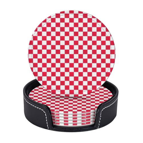 Runde Untersetzer aus Leder mit Halter für Café, Bar, Küche, Tischdekoration, Rot kariert, Weiß, Quadrate, 6 Stück Runde Untersetzer aus Leder mit Halter für Café, Bar, Küche, Tischdekoration, Rot kariert, Weiß, Quadrate, 6 Stück von Yyoretp