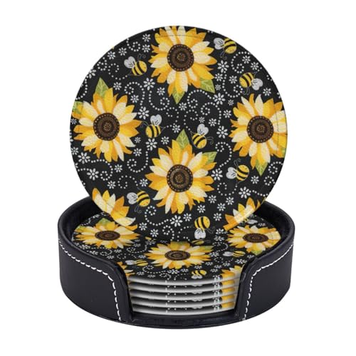 Runde Untersetzer aus Leder mit Sonnenblumen-Motiv, mit Halter für Café, Bar, Küche, Tischdekoration, 6 Stück Runde Untersetzer aus Leder mit Sonnenblumen-Motiv, mit Halter für Café, Bar, Küche, Tischdekoration, 6 Stück von Yyoretp