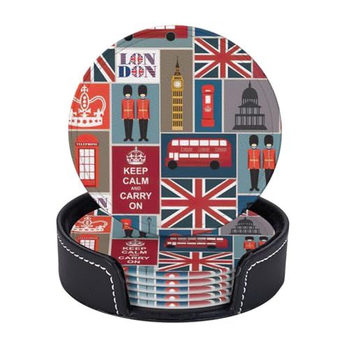 Runde Untersetzer aus Leder mit englischen Symbolen, mit Halter für Café, Bar, Küche, Tischdekoration, 6 Stück Runde Untersetzer aus Leder mit englischen Symbolen, mit Halter für Café, Bar, Küche, Tischdekoration, 6 Stück von Yyoretp