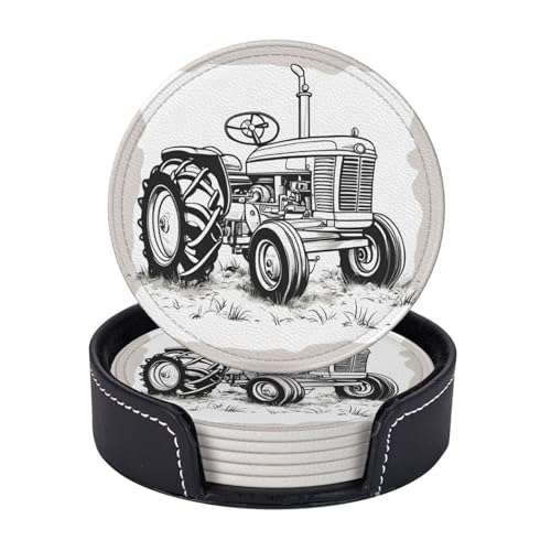 Runde Untersetzer mit Cartoon-Traktor-Druck, Leder, mit Halter für Café, Bar, Küche, Tischdekoration, 6 Stück Runde Untersetzer mit Cartoon-Traktor-Druck, Leder, mit Halter für Café, Bar, Küche, Tischdekoration, 6 Stück von Yyoretp