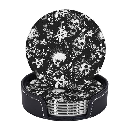 Runde Untersetzer mit Punk-Totenkopf-Motiv, Leder, mit Halter, für Café, Bar, Küche, Tischdekoration, 6 Stück Runde Untersetzer mit Punk-Totenkopf-Motiv, Leder, mit Halter, für Café, Bar, Küche, Tischdekoration, 6 Stück von Yyoretp