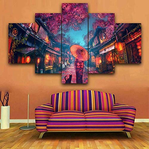 Yywife Bilder XXL 5 Teile wandbild leinwandbilder Kunstdrucke Japanische Anime-Straße XXL 5 Teiliges Wandbild Mit Rahmen Größe 150x80CM Leinwandbild Wandbilder Feiertagsgeschenk von Yywife