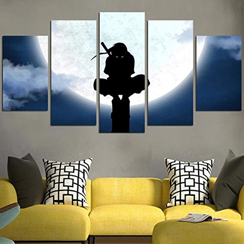 Yywife Bilder XXL 5 Teile wandbild leinwandbilder Kunstdrucke Naruto Ninja Itachi und Mond XXL 5 Teiliges Wandbild Mit Rahmen Größe 150x80CM Leinwandbild Wandbilder Cadeau d'Halloween von Yywife