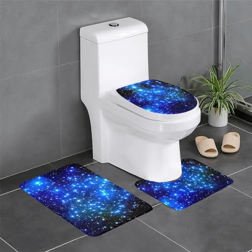 Badteppich-Sets mit blauen leuchtenden Sternen, 3-teilig, rutschfeste Flanell-Badematten für Badezimmer, waschbarer Badteppich, saugfähige Badezimmermatten mit WC-Vorleger von YzgWjBhd