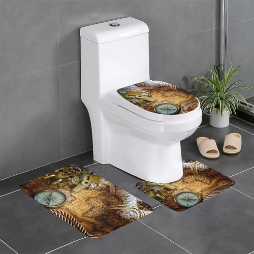 Kompass und Alte Weltkarte Badezimmerteppich-Sets 3-teilig, rutschfeste Flanell-Badematten für Badezimmer, waschbarer Badteppich, saugfähige Badezimmermatten mit WC-Vorleger Kompass und Alte Weltkarte Badezimmerteppich-Sets 3-teilig, rutschfeste Flanell-Badematten für Badezimmer, waschbarer Badteppich, saugfähige Badezimmermatten mit WC-Vorleger von YzgWjBhd