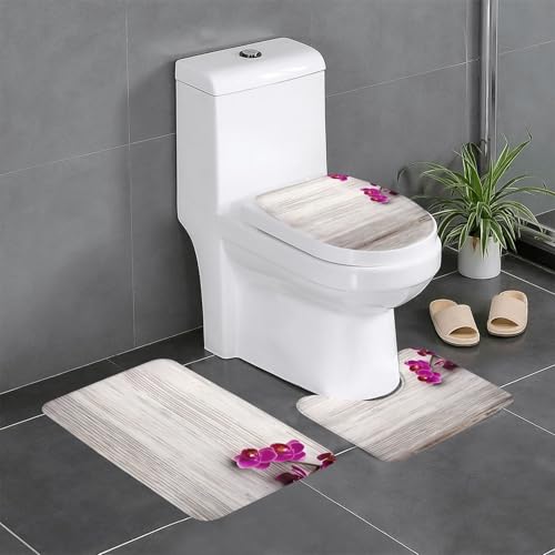 Orchideen-Badezimmerteppich-Set, 3-teilig, rutschfeste Flanell-Badematten für Badezimmer, waschbarer Badteppich, saugfähige Badezimmermatten mit WC-Vorleger von YzgWjBhd