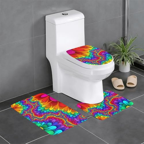 Regenbogen-Batik-rote Badezimmerteppich-Sets 3-teilig, rutschfeste Flanell-Badematten für Badezimmer, waschbarer Badteppich, saugfähige Badezimmermatten mit WC-Vorleger von YzgWjBhd