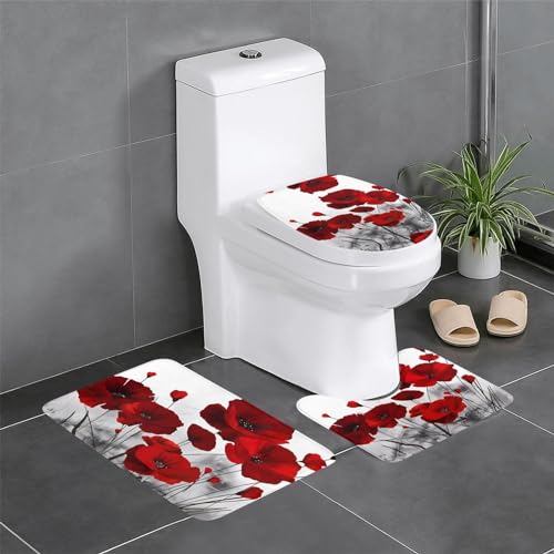 Rote Mohnblumen-Badezimmerteppich-Sets 3-teilig, rutschfeste Flanell-Badematten für Badezimmer, waschbarer Badteppich, saugfähige Badezimmermatten mit WC-Vorleger Rote Mohnblumen-Badezimmerteppich-Sets 3-teilig, rutschfeste Flanell-Badematten für Badezimmer, waschbarer Badteppich, saugfähige Badezimmermatten mit WC-Vorleger von YzgWjBhd