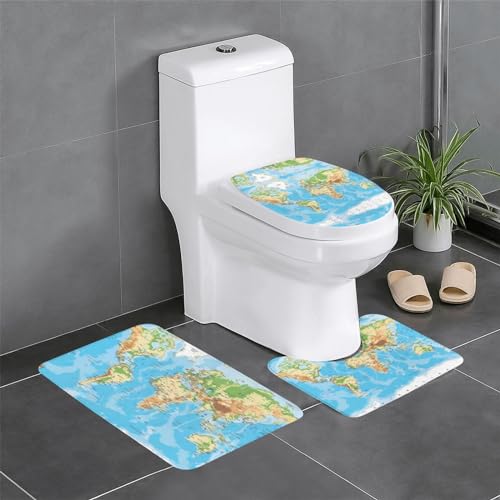 Weltkarte Badezimmerteppich-Sets 3-teilig, rutschfeste Flanell-Badematten für Badezimmer, waschbarer Badteppich, saugfähige Badezimmermatten mit WC-Vorleger Weltkarte Badezimmerteppich-Sets 3-teilig, rutschfeste Flanell-Badematten für Badezimmer, waschbarer Badteppich, saugfähige Badezimmermatten mit WC-Vorleger von YzgWjBhd