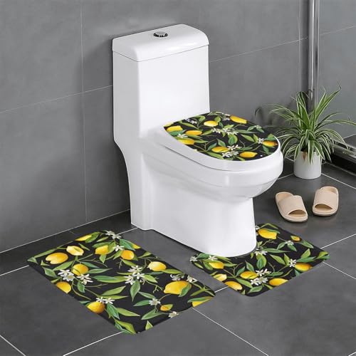Zitronen- und Blumen-Badezimmerteppich-Set, 3-teilig, rutschfeste Flanell-Badematten für Badezimmer, waschbarer Badteppich, saugfähige Badezimmermatten mit WC-Vorleger Zitronen- und Blumen-Badezimmerteppich-Set, 3-teilig, rutschfeste Flanell-Badematten für Badezimmer, waschbarer Badteppich, saugfähige Badezimmermatten mit WC-Vorleger von YzgWjBhd