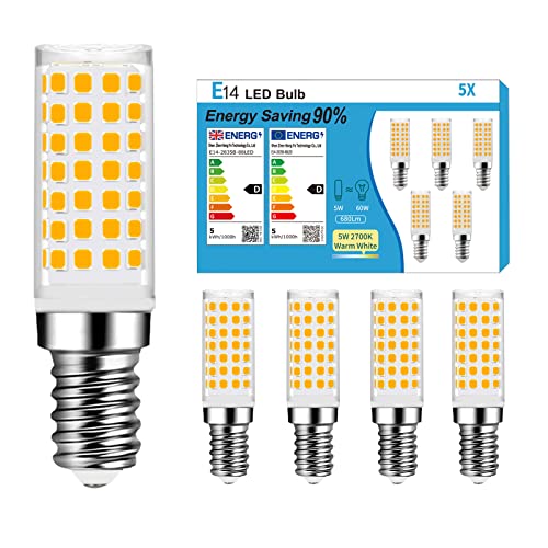 YzzYzz E14 LED Birne 5W, E14 LED Warmweiss 2700K Ersatz 50W Halogenlampen, 680LM E14 LED Lampe für Dunstabzugshauben, AC220-240V, Nicht Dimmbar LED E14 Röhrenform 360°, 5er Set von YzzYzz