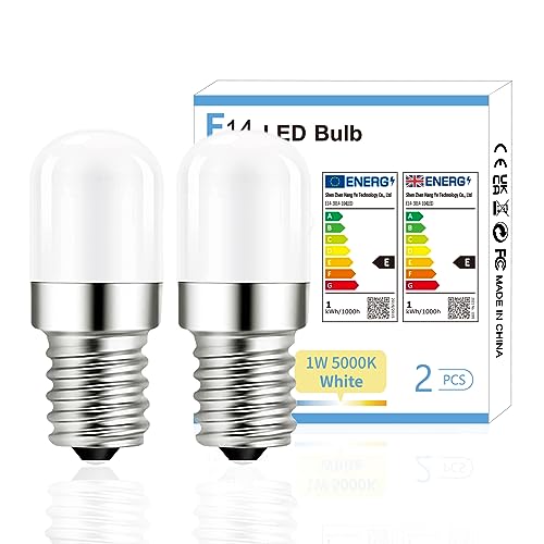 YzzYzz E14 LED Kaltweiß Lampe, 5000K E14 LED Kühlschranklampe, 1W Ersatz für 15W Halogenlampen, 120 Lumen LED Kühlschrankbirne, 360° Abstrahlwinkel, Nicht Dimmbar, 230V AC, 2 Stück von YzzYzz