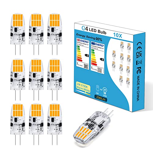 YzzYzz G4 LED Lampen, 2W G4 LED Birnen Warmweiss 2700K, G4 Glühbirne 296LM, Ersatz für 20W Halogenlampen, G4 LED Stiftsockellampe AC/DC 12V Kein Flimmern Nicht Dimmbar, G4 LED Leuchtmittel, 10er Pack von YzzYzz