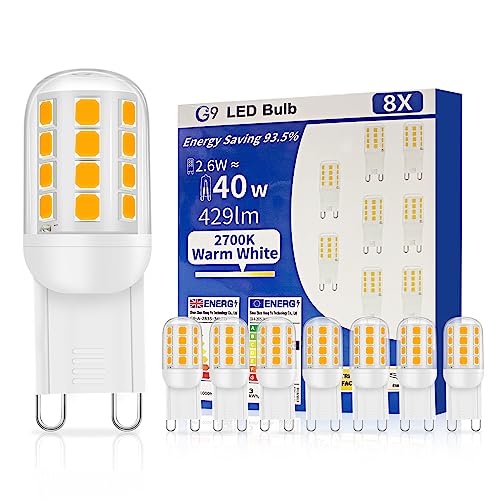 YzzYzz G9 LED Warmweiß 2700K, 2,6W Leuchtmittel G9 LED 429LM Ersatz 30W 40W Halogenlampe, G9 LED Warmweiss Glühbirne, 360°Abstrahlwinkel, Kein Flackern, Nicht Dimmbar, LED G9 Stiftsockel 8er Pack von YzzYzz