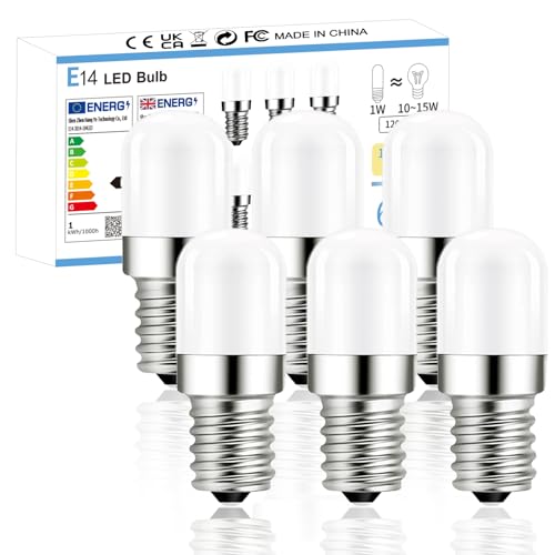 YzzYzz Kühlschranklampe E14 LED Glühbirne, 5000K E14 LED Kaltweiß Lampe, 1W Ersatz für 15W Halogenlampen, 120 Lumen E14 LED Kühlschranklampe, 360° Abstrahlwinkel, Nicht Dimmbar, 230V AC, 6 Stück von YzzYzz