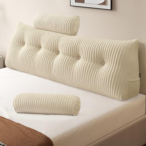 Z-hom Bücherkissen, Keilkissen, Lesekissen Für Bett Und Sofa, Cozy Rückenkissen, Praktisches Seitenfach, Removable Cover, Mit Rundem Kopfkissen (Cream, 150 * 50 * 20cm) von Z-hom