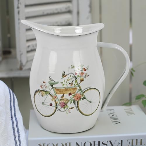 Emaillekanne Kleine Vasen Vintage Metall Blumenvase Milchkännchen Vase Blumen und Vögel für Blumen Rustikale Vase Small Rustic Vases Flower Pitcher von Z&Z ornamentorum