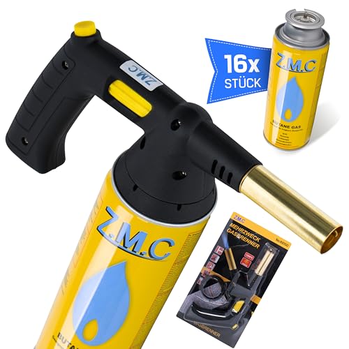 ZMC Lötbrenner Gasanzünder mit Piezozündung + 16x Gaskartuschen 227g | Gasbrenneraufsatz, Bunsenbrenner, Flambierbrenner, Kohleanzünder, Lötlampe, Dachbrenner, Lötpistole für Camping & Werkstatt von Z.M.C