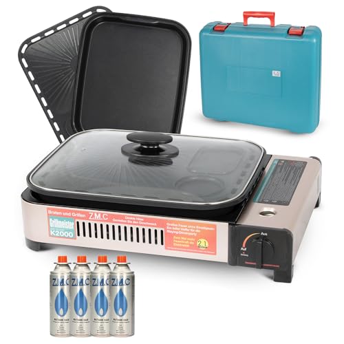 Z.M.C 2-in-1 tragbarer Gaskocher & Gasgrill 2,1kW mit 4x Gaskartuschen 227g inkl. Grillplatte, Pfanne, Glasdeckel & Koffer – Campingkocher & Tischgrill mit Piezo-Zündung für Outdoor, innen & außen von Z.M.C