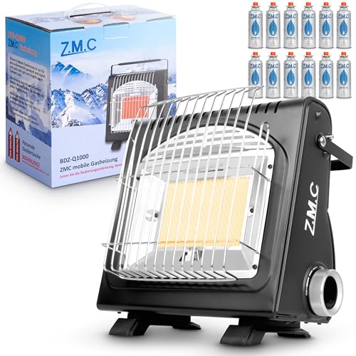 Z.M.C 2-in-1 Tragbare Gasheizung und Gaskocher + 12 Gaskartuschen 227g, Keramikheizung Camping Heizung 1,7 kW, Gasheizer für Outdoor und Terrasse, Garten & Balkon, mobile Heizstrahler mit Piezozündung von Z.M.C
