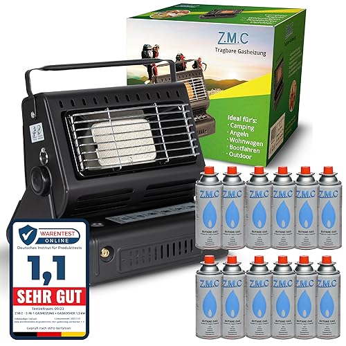 Z.M.C 2-in-1 Tragbare Gasheizung und Gaskocher mit LPG Anschluss + 12 Gaskartuschen 227g, Camping Heizung 1,3 kW, mobile Gasheizer für Outdoor mit Piezozündung von Z.M.C