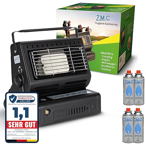 Z.M.C 2-in-1 Tragbare Gasheizung und Gaskocher mit LPG Anschluss + 4 Gaskartuschen 227g, Camping Heizung 1,3 kW, mobile Gasheizer für Outdoor mit Piezozündung von Z.M.C