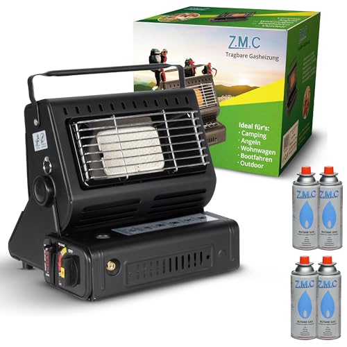 Z.M.C 2-in-1 Tragbare Keramik Gasheizung und Gaskocher 1,3 kW, mit LPG Anschluss + 4 Gaskartuschen, Campingkocher mit Piezozündung, Camping Heizung, Gasheizer für, Outdoor, Zelten Wohnwagen Angel von Z.M.C