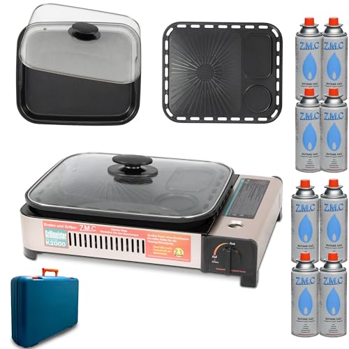 Z.M.C 2-in-1 tragbarer Gasgrill & Gaskocher 2,1kW mit 8x Gaskartuschen 227g inkl. Grillplatte, Pfanne, Glasdeckel & Koffer – Campingkocher & Tischgrill mit Piezo-Zündung für Outdoor, innen & außen von Z.M.C