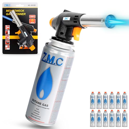 Z.M.C Gasbrenner + 12x Gaskartuschen 227g, Schweißbrenner Flambierbrenner bis zu 1300°C, Bunsenbrenner Lötlampe 1,3kW, Lötbrenner, Küchenbrenner Abflammgerät mit einstellbarer Flamme von Z.M.C