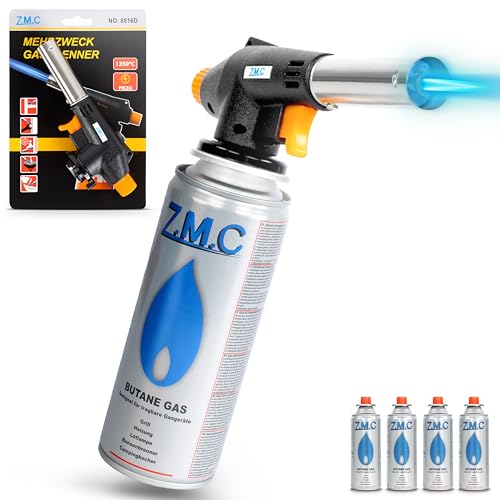 Z.M.C Gasbrenner + 4x Gaskartuschen 227g, Schweißbrenner Flambierbrenner bis zu 1300°C, Bunsenbrenner Lötlampe 1,3kW, Lötbrenner, Küchenbrenner Abflammgerät mit einstellbarer Flamme von Z.M.C