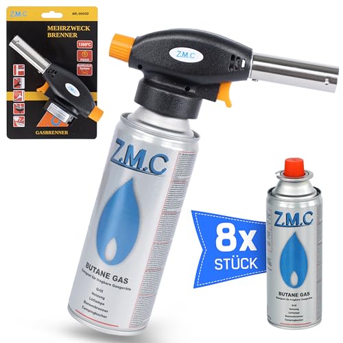 Z.M.C Gasbrenner + 8x Gaskartuschen 227g, Flambierbrenner Temperatur bis zu 1300°C, Schweißbrenner mit Piezo-Zündung, Bunsenbrenner Lötbrenner 1,3 KW, Brenneraufsatz mit einstellbarer Flamme Z.M.C Gasbrenner + 8x Gaskartuschen 227g, Flambierbrenner Temperatur bis zu 1300°C, Schweißbrenner mit Piezo-Zündung, Bunsenbrenner Lötbrenner 1,3 KW, Brenneraufsatz mit einstellbarer Flamme von Z.M.C
