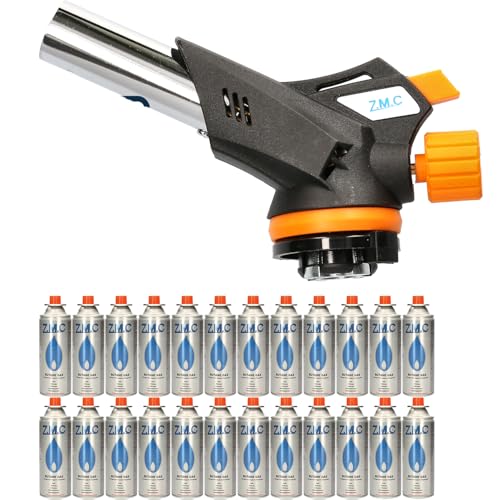 Z.M.C Gasbrenner 1,3kW + 24x Gaskartuschen 227g, Flambierbrenner, Temperatur bis zu 1300°C, Bunsenbrenner Lötbrenner mit Piezozündung, Küchenbrenner mit einstellbare Flamme, Abflammgerät von Z.M.C