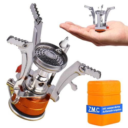 ZMC Kartuschenkocher, Transportabler Outdoor Campingkocher 3200W, tragbarer Gaskocher aus rostfreiem Stahl inkl. Aufbewahrungsbox, Verbrauch 213g/h Piezo-Zündung, nur 100g von Z.M.C