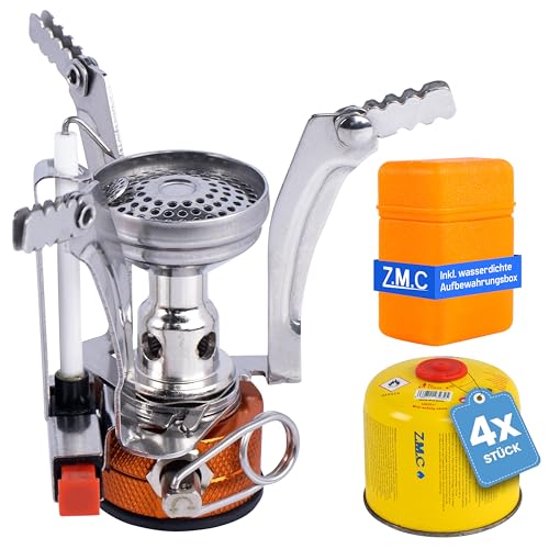 ZMC Kartuschenkocher, Transportabler Outdoor Campingkocher 3200W + 4X Gaskartuschen 300g, tragbarer Gaskocher aus rostfreiem Stahl inkl. Aufbewahrungsbox, Verbrauch 213g/h Piezo-Zündung, nur 100g von Z.M.C