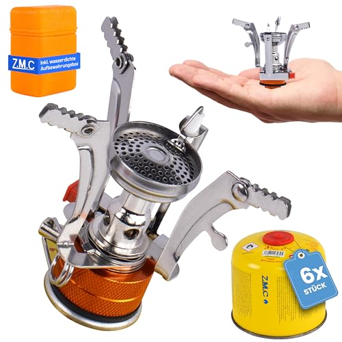 ZMC Kartuschenkocher, Transportabler Outdoor Campingkocher 3200W + 6X Gaskartuschen 300g, tragbarer Gaskocher aus rostfreiem Stahl inkl. Aufbewahrungsbox, Verbrauch 213g/h Piezo-Zündung, nur 100g von Z.M.C