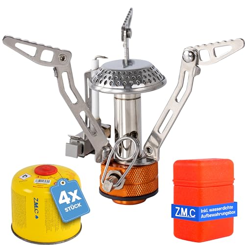 Z.M.C Klappbarer Mini Campingkocher 3200W + Transportdose + 4 Stk. Gaskartuschen 300g, tragbarer Gaskocher Set, faltbarer Campinggaskocher mit Piezozündung, für Outdoor Aktivitäten von Z.M.C