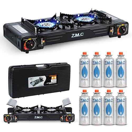 Z.M.C PREMIUM Camping Gaskocher 2-flammig + 8 Gaskartuschen 227g, Campingkocher mit Zündsicherung für Outdoor und Innenraum, Balkon Tisch Doppelgaskocher mit Piezozündung von Z.M.C