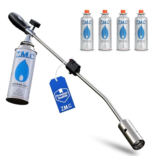 Z.M.C Unkrautbrenner 2,5 kW + 4x Gaskartuschen 227g, Unkrautvernichter mit Piezo-Zündung & stufenloser Flammenregelung, Abflammgerät bis 1400 °C für Garten, Gehweg, Grillanzünder, Moosentferner von Z.M.C