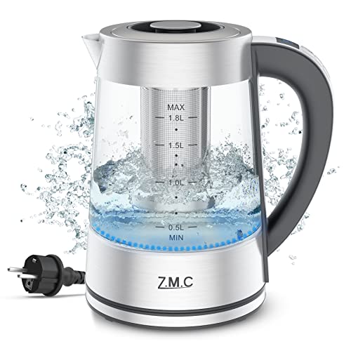 Z.M.C Wasserkocher mit Temperaturwahl 40-100° C, Temperaturhaltefunktion, LED-Beleuchtung/Cool Touch Griff, 1,8 Liter 1.800 Watt, 360° drehbare Basis Gals + Edelstahl, mit Teesieb von Z.M.C