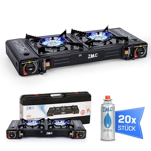 ZMC Camping Gaskocher 2-flammig inkl. Adapter für LPG Anschluss + 20 Gaskartuschen 227g, Campingkocher mit Piezozündung für Outdoor und Innenraum von Z.M.C