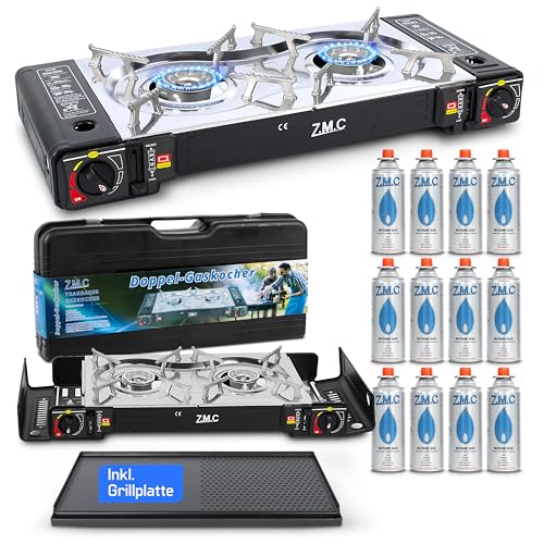 ZMC Camping Gaskocher 2-flammig inkl. Adapter für LPG Anschluss + Aufbewahrungskoffer, Campingkocher mit Gaskartuschen 227g und Grillplatte Wählbar (Gaskocher + Grillplatte + 12x Gaskartuschen) von Z.M.C