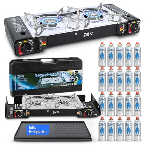 ZMC Camping Gaskocher 2-flammig inkl. Adapter für LPG Anschluss + Aufbewahrungskoffer, Campingkocher mit Gaskartuschen 227g und Grillplatte Wählbar (Gaskocher + Grillplatte + 20x Gaskartuschen) von Z.M.C