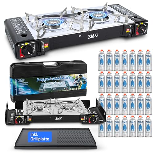 ZMC Camping Gaskocher 2-flammig inkl. Adapter für LPG Anschluss + Aufbewahrungskoffer, Campingkocher mit Gaskartuschen 227g und Grillplatte Wählbar (Gaskocher + Grillplatte + 28x Gaskartuschen) von Z.M.C